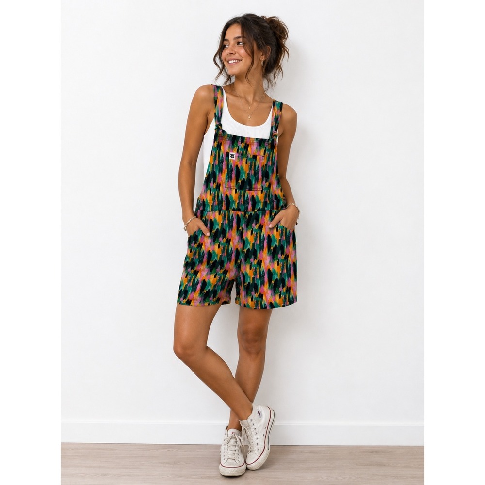 Lucy & Yak Short Dungarees Organic Cotton 12/US 8 Abstract Paint Print Overall